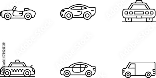 Simple Black Line Art Vectors of Cars Taxi Sports Car Sedan and Delivery Van for Design