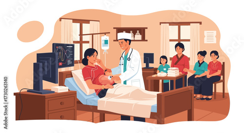 A scene depicting a pregnant woman being examined in a hospital with family support