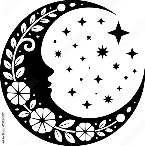 Moon and Stars Crescent Design with Floral Elements