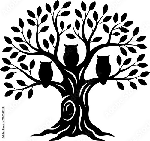 Silhouette of Tree with Leaves and Three Owls on Branches Nature Wildlife Design for Tattoo or Coloring