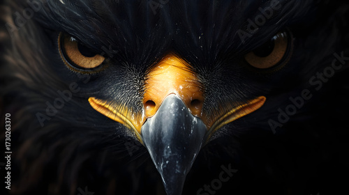 Detailed close-up of a bird of prey's head, emphasizing its intense gaze and sharp features.
