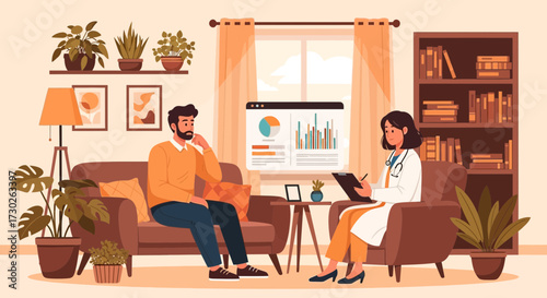Conceptual illustration of a doctor in consultation with a patient in an office