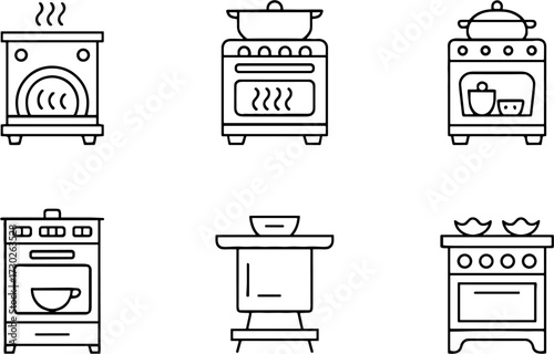 Black Line Art Kitchen Stove Oven Cooking Appliances Set for Recipe Books and Cooking Guides