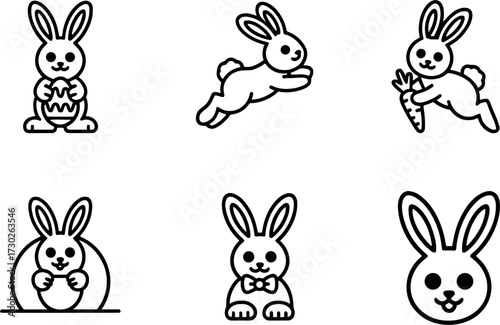 Cute Bunny Rabbit Line Art Holding Easter Egg Carrot and Bow Tie Vector for Coloring Book Designs