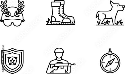Military Helmet Boots Dog Shield Soldier Compass Line Vectors for Army and Outdoor Use