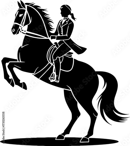 Horse Rearing with Equestrian Rider Silhouette for Tattoo Design and Coloring Book