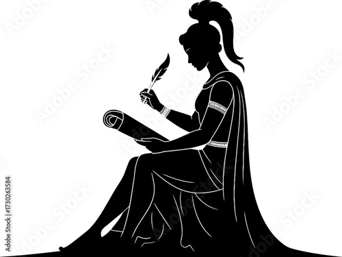 Ancient Greek Muse Writing on Scroll with Feather Quill