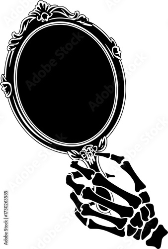 Intricate Skeleton Hand Holding Vintage Mirror Design for Tattoos