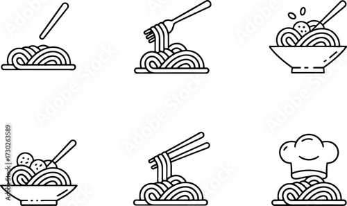 Outline Pasta and Noodles with Fork and Chopsticks Serving Plate Bowl and Chef Hat Vectors for Menu Design and Coloring Book