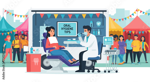 Mobile dental clinic at a community health fair offering oral hygiene tips