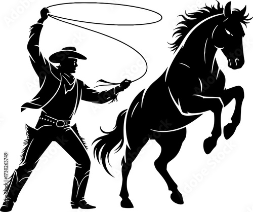 Cowboy Roping Fighting Wild Horse Silhouette Western Rodeo Scene Tattoo Design