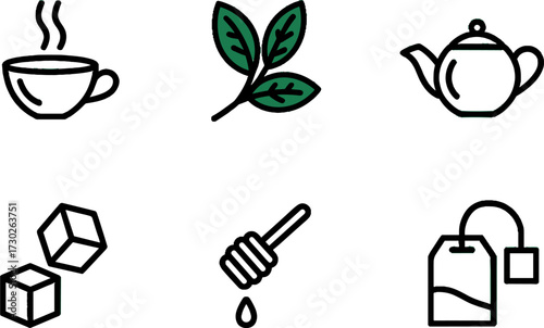 Coffee Tea Leaves Honey Set for Beverage Illustrations