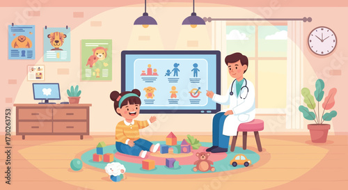 Pediatrician Explaining Child Development Milestones to a Cheerful Little Girl