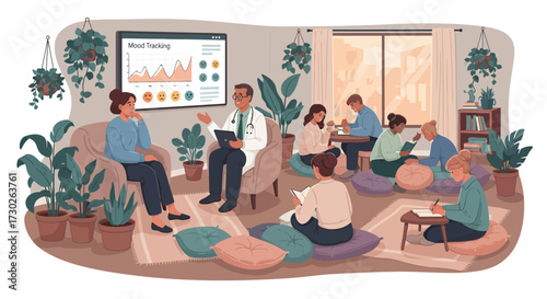 Vector illustration depicting a therapy session with emotional well-being analysis