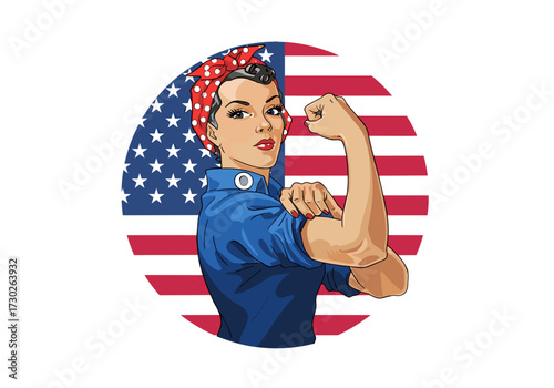 rosie the riveter, strong woman, feminist icon, american flag woman, women empowerment, patriotic woman, rosie style, girl power, strong female figure, american pride woman, women strength, empowering