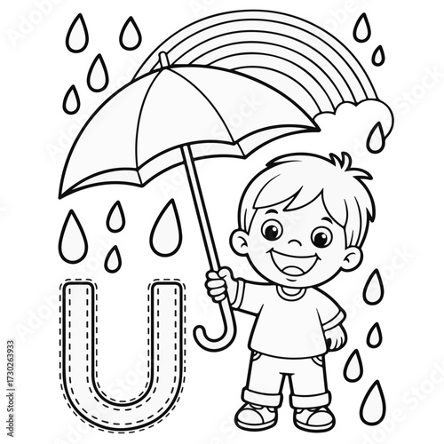 Coloring Page Featuring a Smiling Boy Holding an Umbrella, with a Rainbow and Raindrops; Letter U