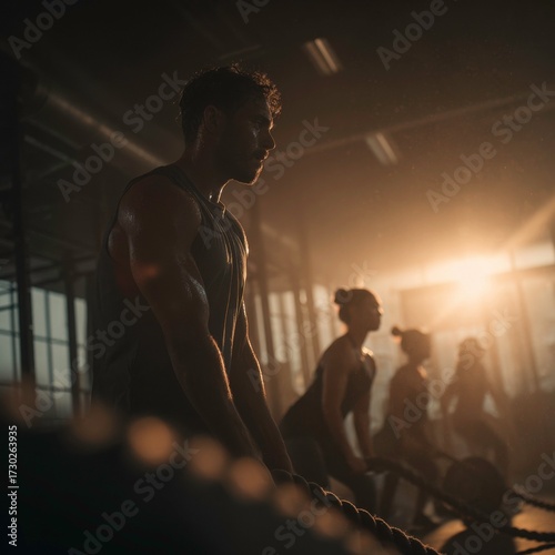 Group fitness training in gym with woman exercising, active people doing workout together indoors, healthy lifestyle, sports activity, teamwork and motivation in fitness studio