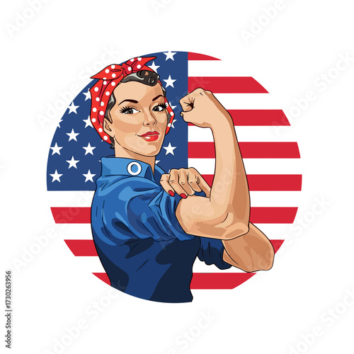rosie the riveter, strong woman, feminist icon, american flag woman, women empowerment, patriotic woman, rosie style, girl power, strong female figure, american pride woman, women strength, empowering