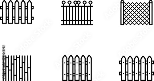 Black Outline Vector Set of Six Different Fence and Gate Designs for Landscaping Garden and Property Boundaries