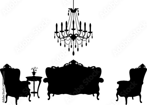 Elegant Victorian Living Room Silhouette with Ornate Sofa Armchairs Side Table and Chandelier for Interior Design