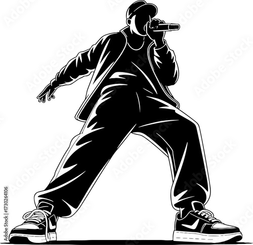 Stylish Male Rapper Singing with Microphone in Dynamic Pose