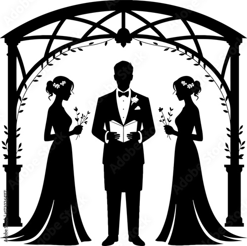 Elegant Wedding Ceremony Silhouette with Brides Under Arbor