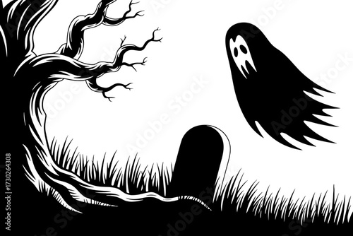 Ghost Haunting a Tombstone Under a Spooky Tree Scene