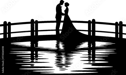 Romantic Silhouette of Couple on Bridge Reflecting in Water