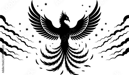 Majestic phoenix rising with spread wings surrounded by stars and clouds perfect for tattoo or coloring design