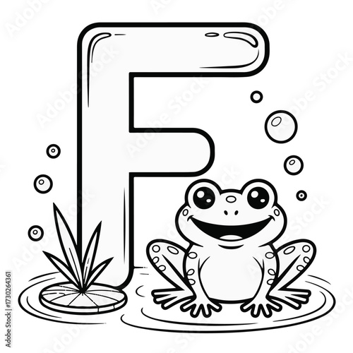 Adorable smiling frog in a pond next to a large capital letter F, a fun and simple alphabet coloring book page for toddlers and preschoolers