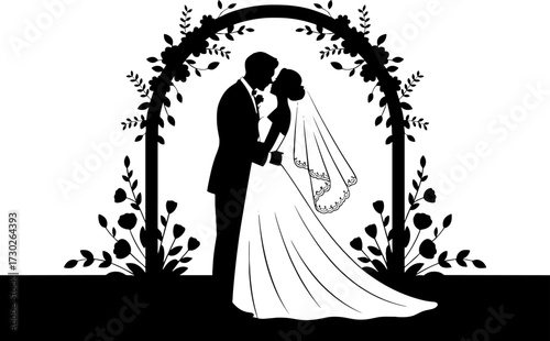 Romantic Wedding Silhouette Couple Kissing Under Floral Arch