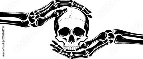 Skeleton Hands Cradling Skull Intricate Tattoo Design Illustration