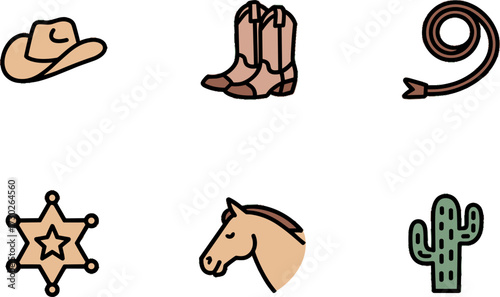 Western Cowboy Hat Boots Rope Sheriff Badge Horse and Cactus Vectors for Design