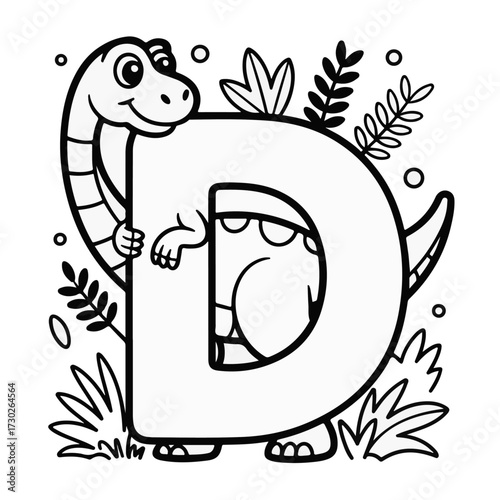 Charming diplodocus dinosaur standing behind the capital letter D, a delightful educational coloring page for children