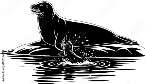Seal and Pup Resting Together on Rock by Water Illustrative Design for Tattoos Coloring Books