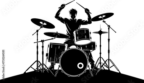 Drummer Playing Drum Set Silhouette Vector Illustration for Music Design and Tattoo Ideas