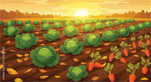 Cartoon illustration of a cabbage and carrot farm field at sunset