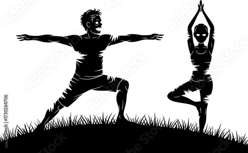 Dynamic Silhouette of a Man and Woman Practicing Yoga Poses