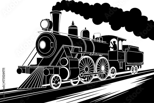Vintage Steam Locomotive Train with Engineer on Tracks Illustration for Coloring Book and Tattoo Design