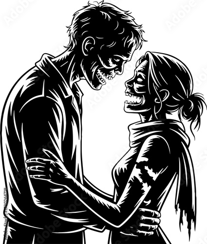 Charcoal Style Vector Illustration of Zombie Couple Embracing and Smiling Perfect for Tattoo Design