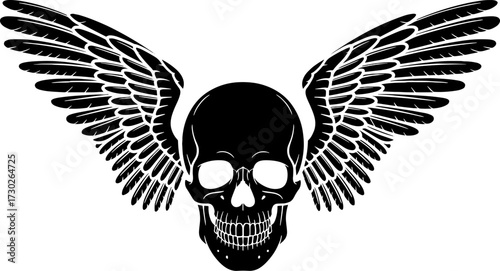 Winged Skull Black Silhouette Graphic Design for Tattoo Art and Gothic Illustration