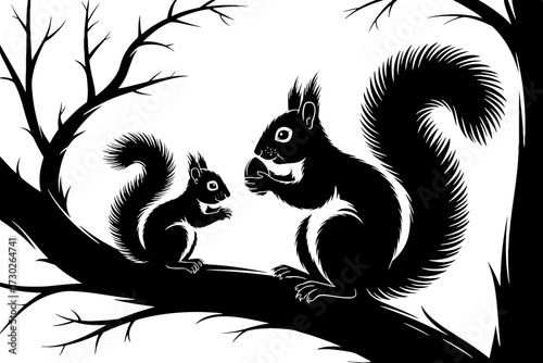 Black and White Squirrel Illustration with Adult and Baby Squirrel on Tree Branch for Tattoo Design and Coloring Book