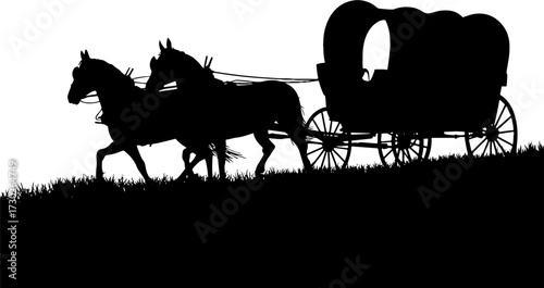 Silhouette of two horses pulling covered wagon on grassy hill for western and historical design