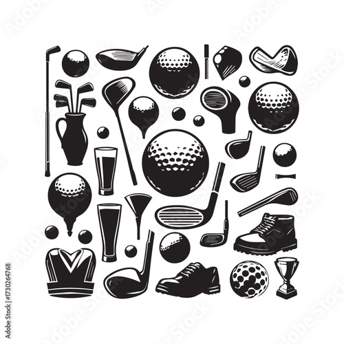 A Dense Arrangement of Black Silhouette Icons Related to Golf Equipment and Apparel golf club