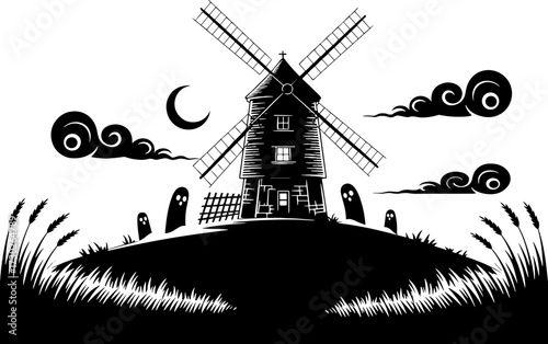 Spooky windmill on hill with ghostly tombstones crescent moon and swirling clouds for Halloween design