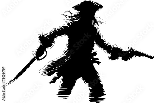 Fierce Pirate Silhouette with Sword and Pistol for Tattoo Design