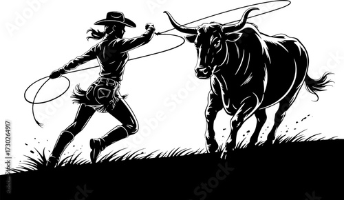Cowgirl with Lasso Rotating Rope Catching Running Bull on Grass Hill Vector Illustration for Tattoo Design