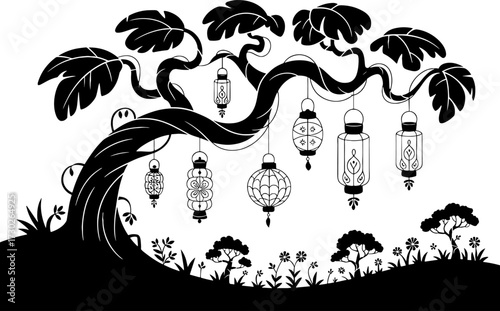 Whimsical Lanterns Hanging from a Tree in a Floral Landscape
