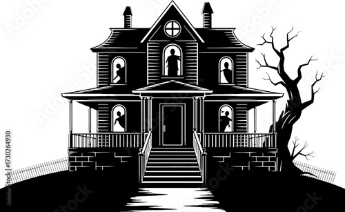 Haunted Victorian House Illustration for Spooky Decor and Crafts