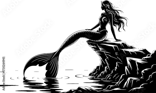 Silhouette of a Sitting Mermaid on Rocky Cliff by Calm Ocean Water for Tattoo Design and Coloring Book